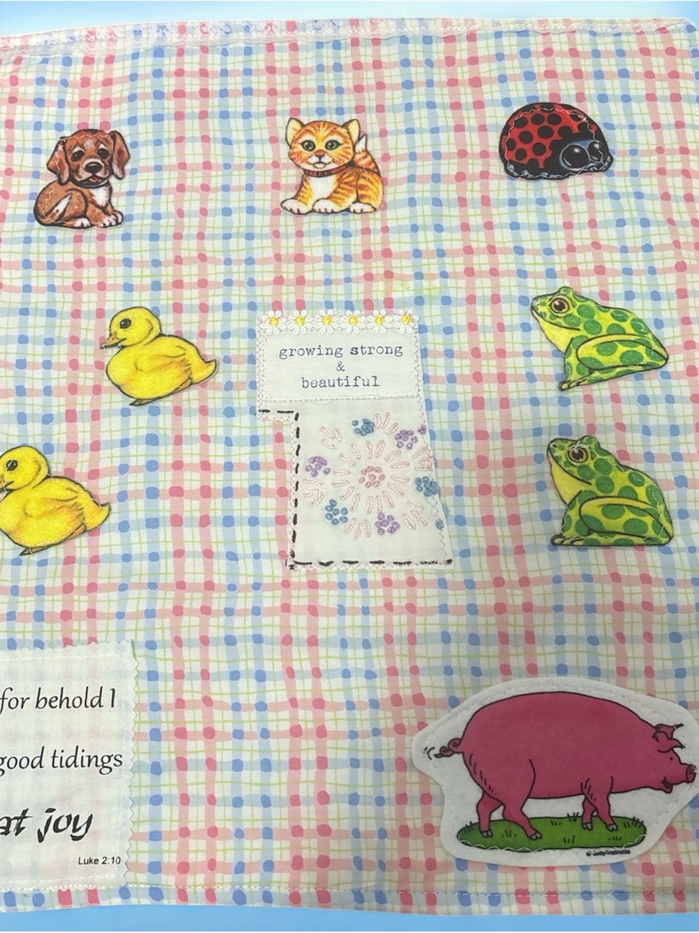 Kids Cotton Fabric Panel with Animal Prints - Pink Plaid